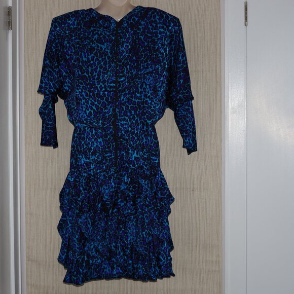 St. Gillia Animal Print Blue Aqua Black Silk Knee Length Flare Dress size 10 - Picture 10 of 13
